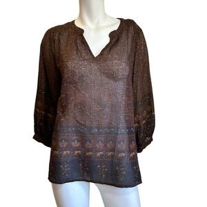 Pink Chicken Brown Pink Metallic Floral Design Lightweight Cotton Blouse sz S